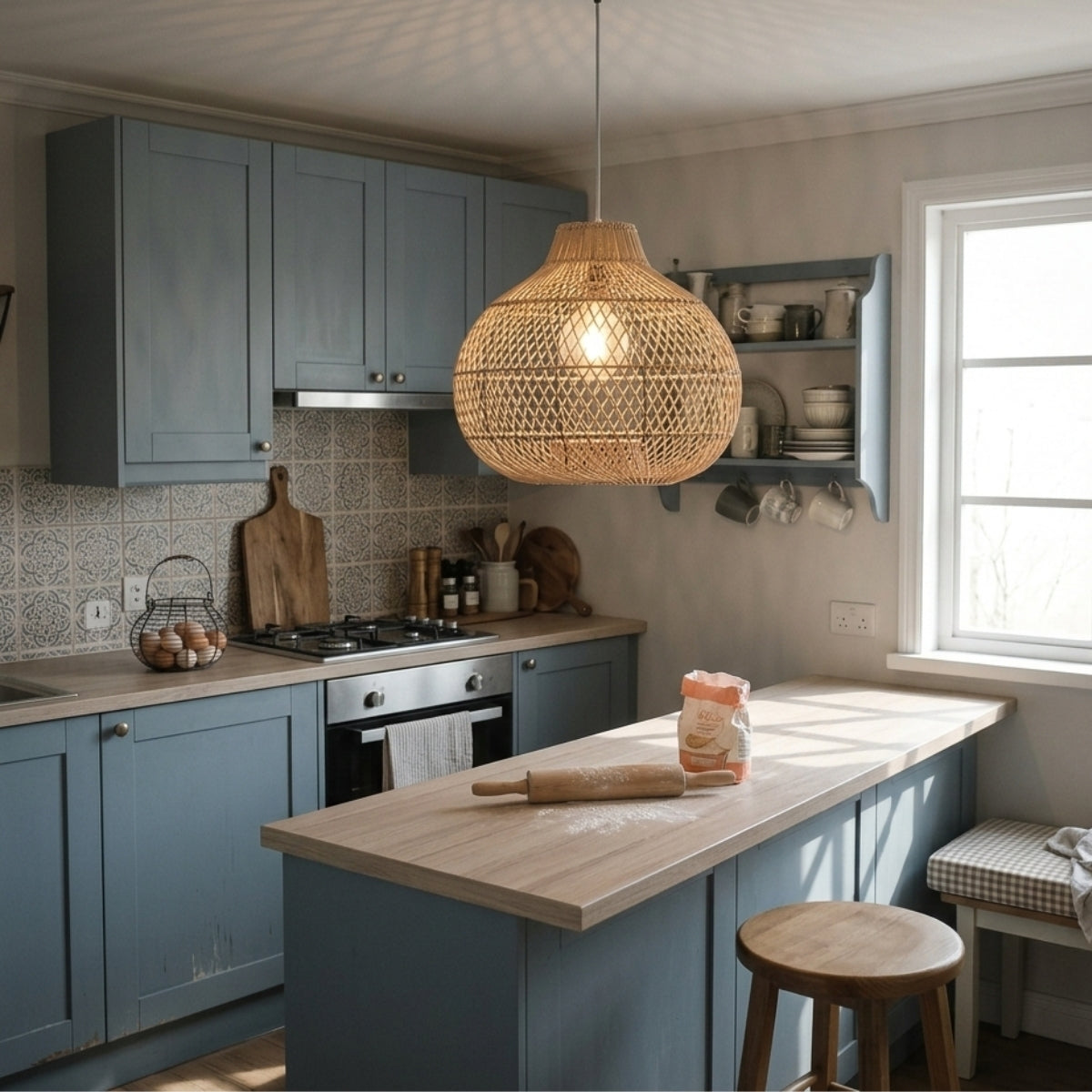 Batcheller Ball Rattan Pendant Light Basket Weave over kitchen island, clustered 15.7-inch globes throwing focused pockets of light for chopping and plating tasks