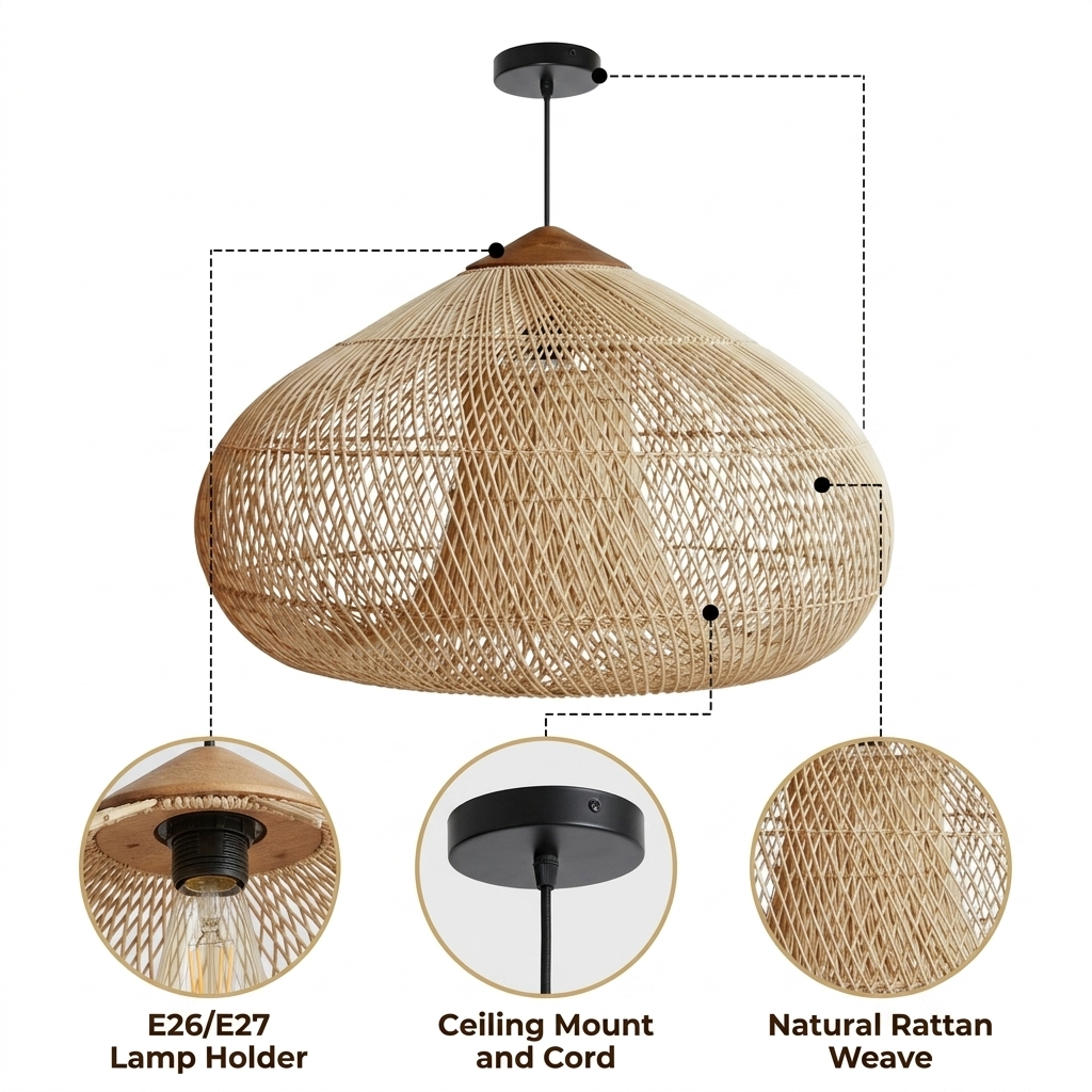Bathari Wabi Sabi Rattan Pendant Light with open diamond-lattice weave, natural matte or black matte finish, adjustable cord mount, E26 socket for warm glow