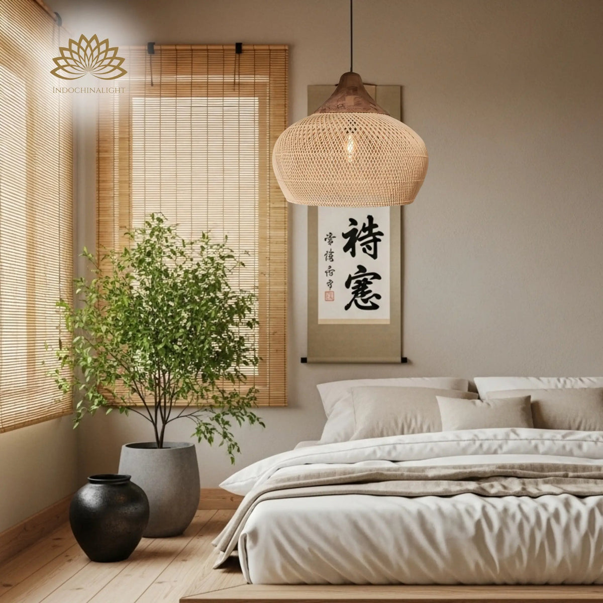 Bathari Wabi Sabi Rattan Pendant Light in bedroom, tall narrow teardrop dome hung beside the bed in place of a table lamp without crowding the nightstand