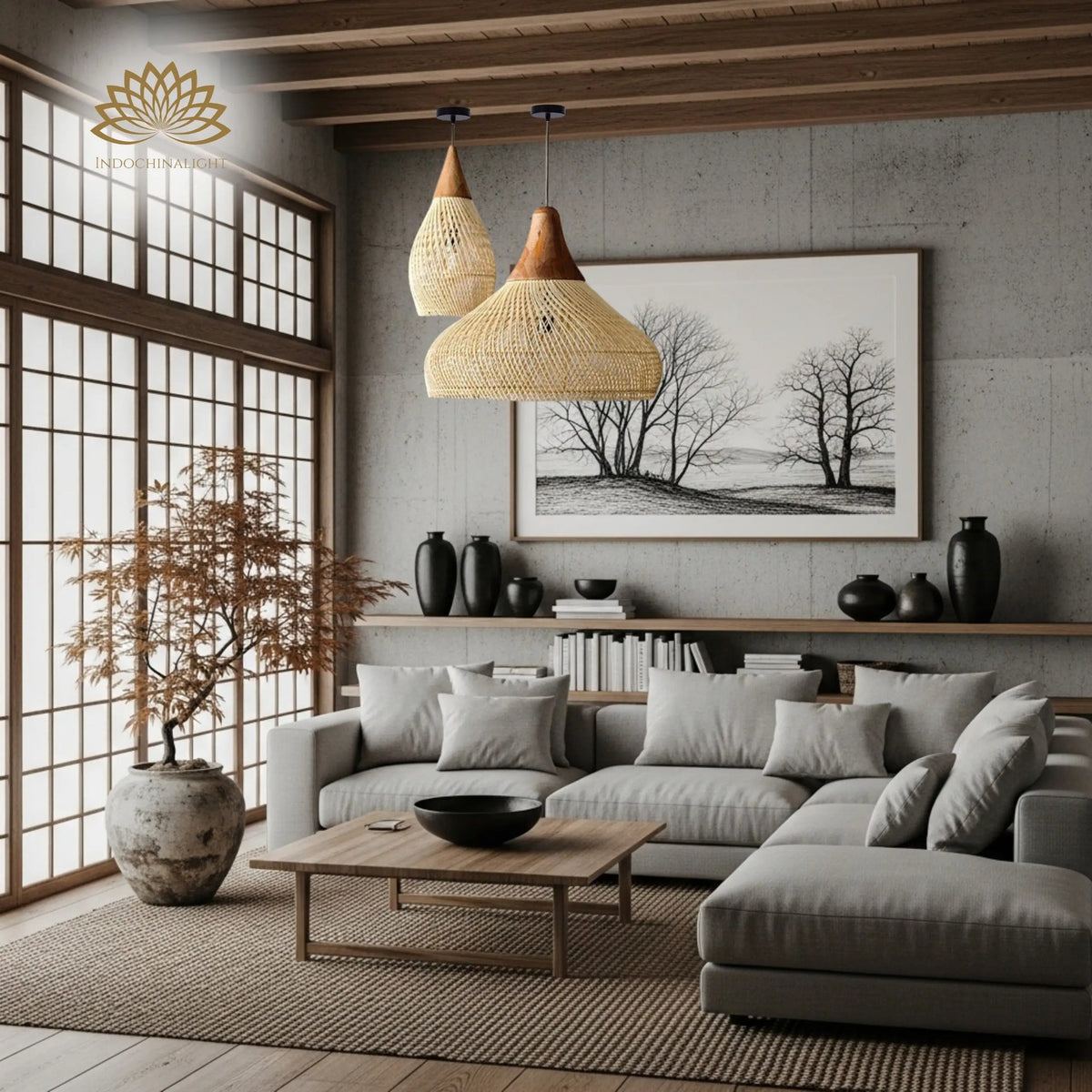 Bathari Wabi Sabi Rattan Pendant Light in living room, largest 31.5-inch bulbous dome reading as a true centerpiece above the coffee table under high ceilings