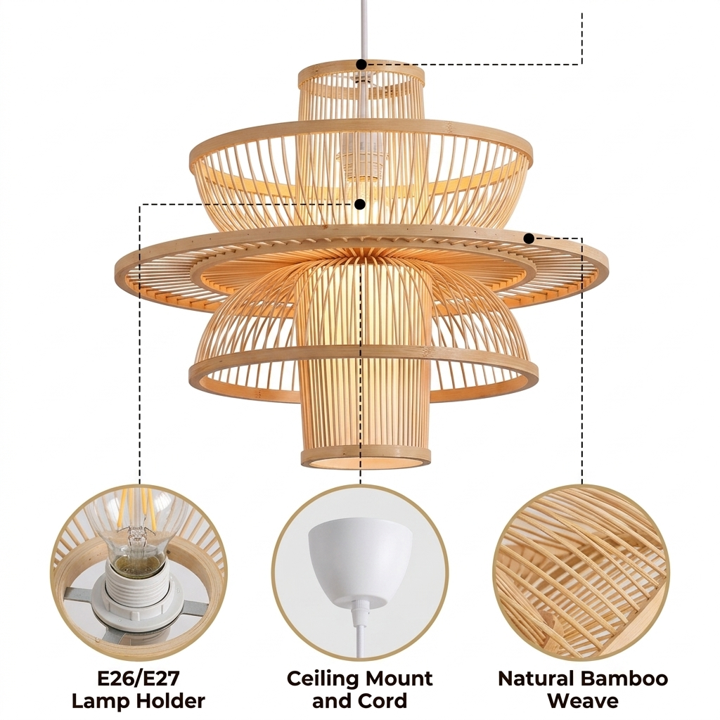 Bayou Wabi Sabi Tiered Bamboo Pendant Light with graduated bamboo slat tiers, natural matte or black matte finish, adjustable cord mount, E26 socket for ambient glow