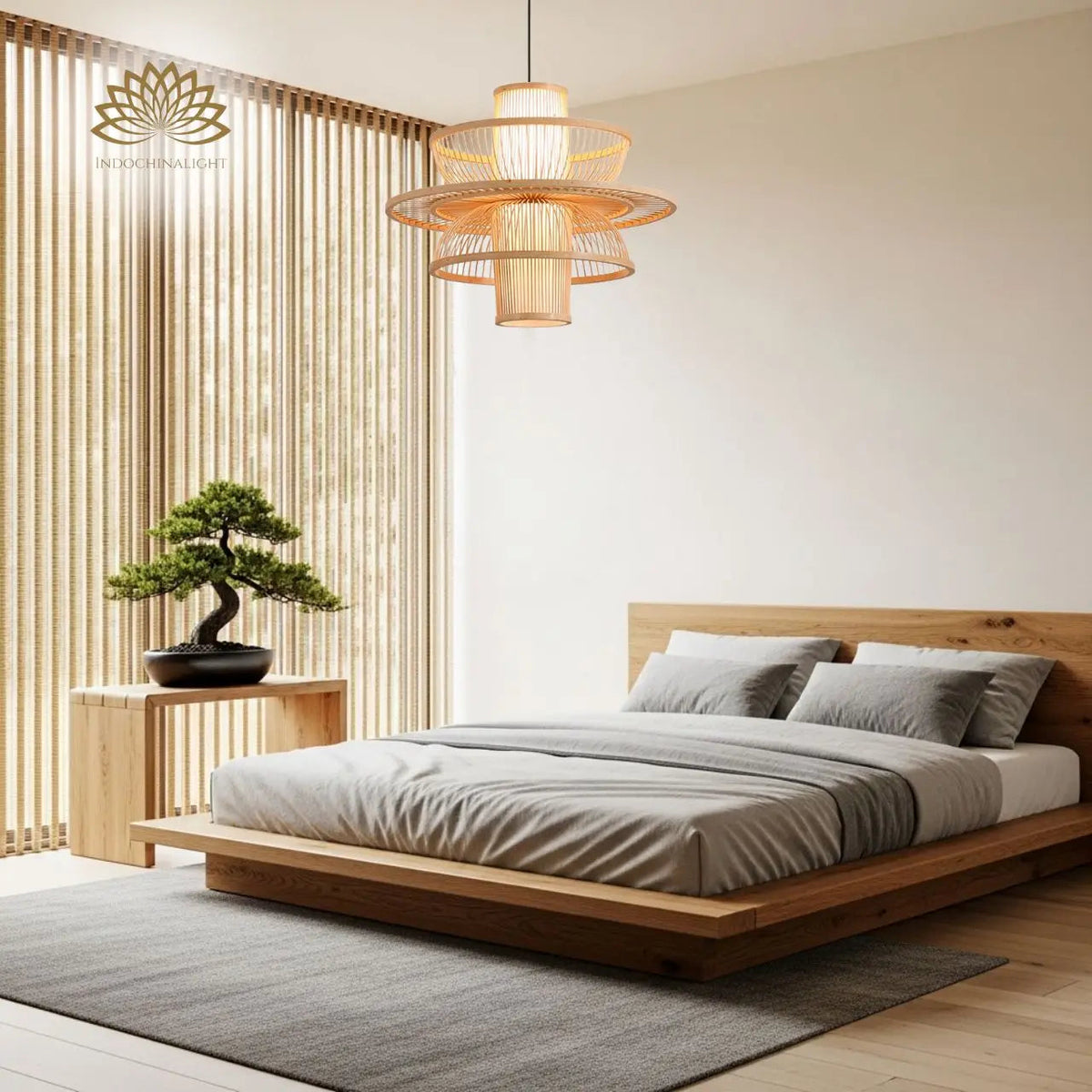 Bayou Wabi Sabi Tiered Bamboo Pendant Light in bedroom, 15.7-inch tiered bamboo hung beside the bed casting soft light without eating nightstand table space