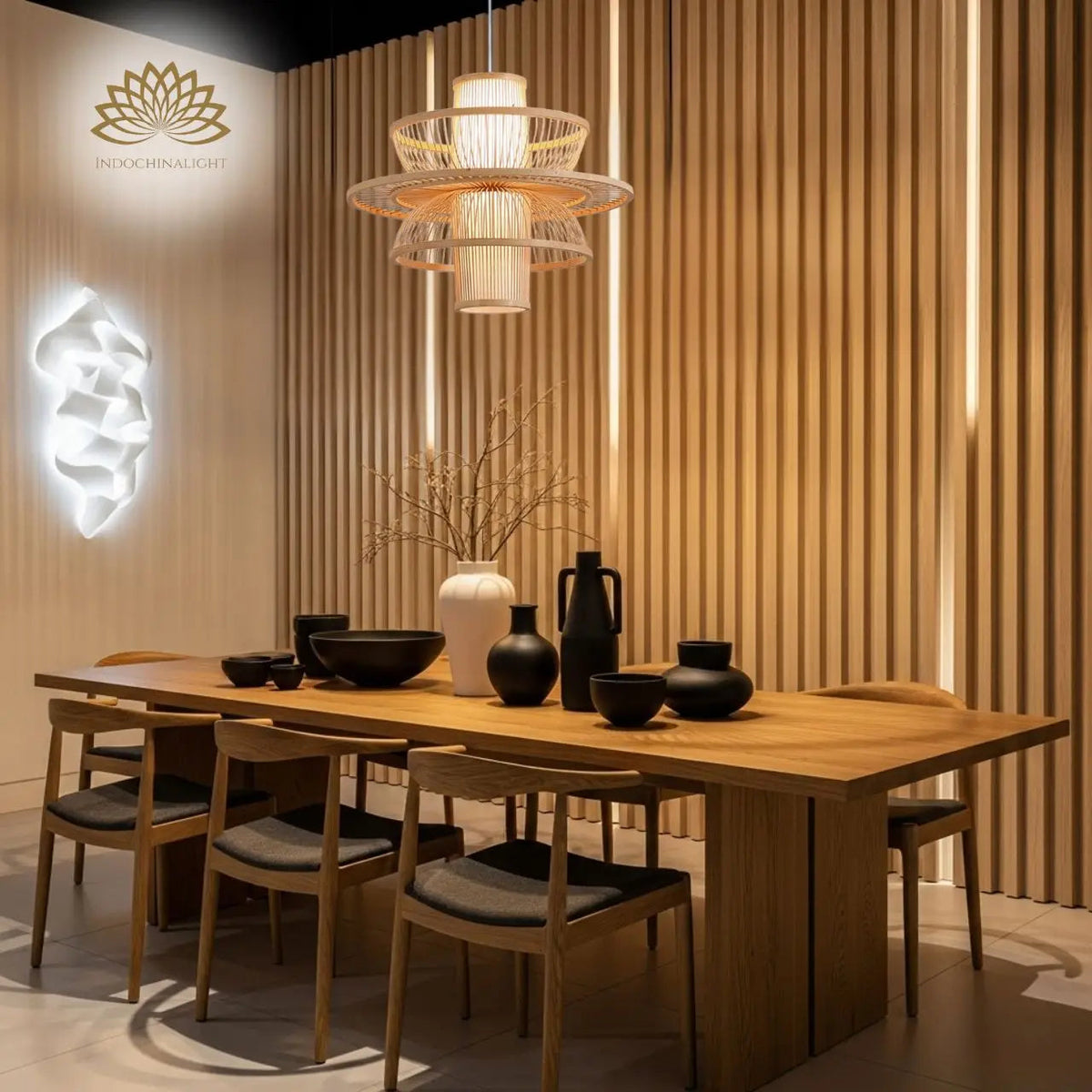 Bayou Wabi Sabi Tiered Bamboo Pendant Light above dining table, 19.7-inch tiers spreading light evenly across a standard table without glaring into eye level