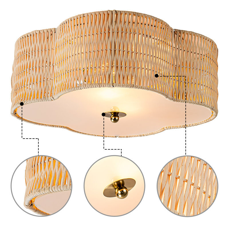 Beachcrest Boho Rattan Ceiling Light with dense basket-weave scalloped flower dome, brown matte finish, flush ceiling mount with zero cord drop, E26 socket for ambient glow