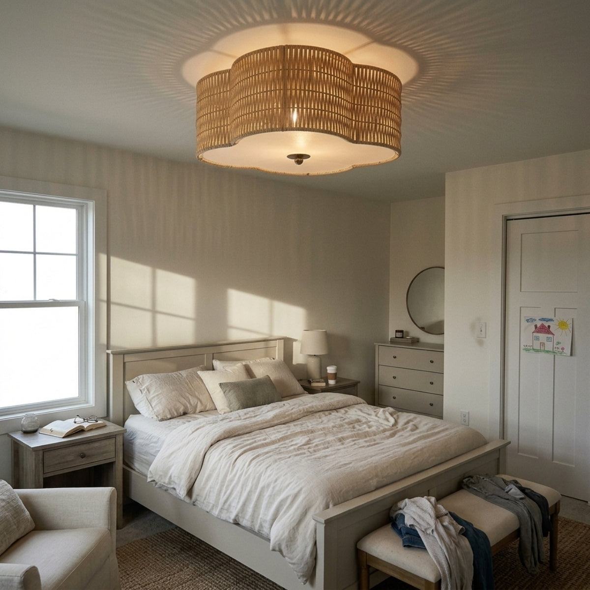Beachcrest Boho Rattan Ceiling Light in bedroom, 14-inch flush mount above the nightstand with basket-weave shade softening light for late evenings without crowding