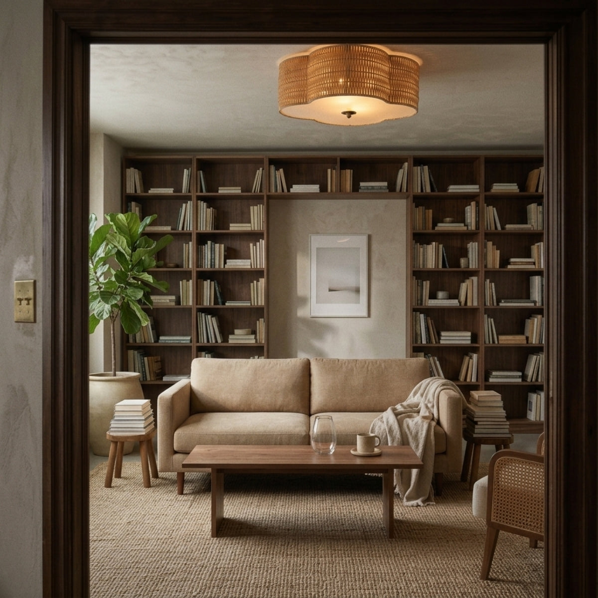 Beachcrest Boho Rattan Ceiling Light in living room, scalloped flush mount throwing ambient light down toward the sofa and coffee table below the ceiling
