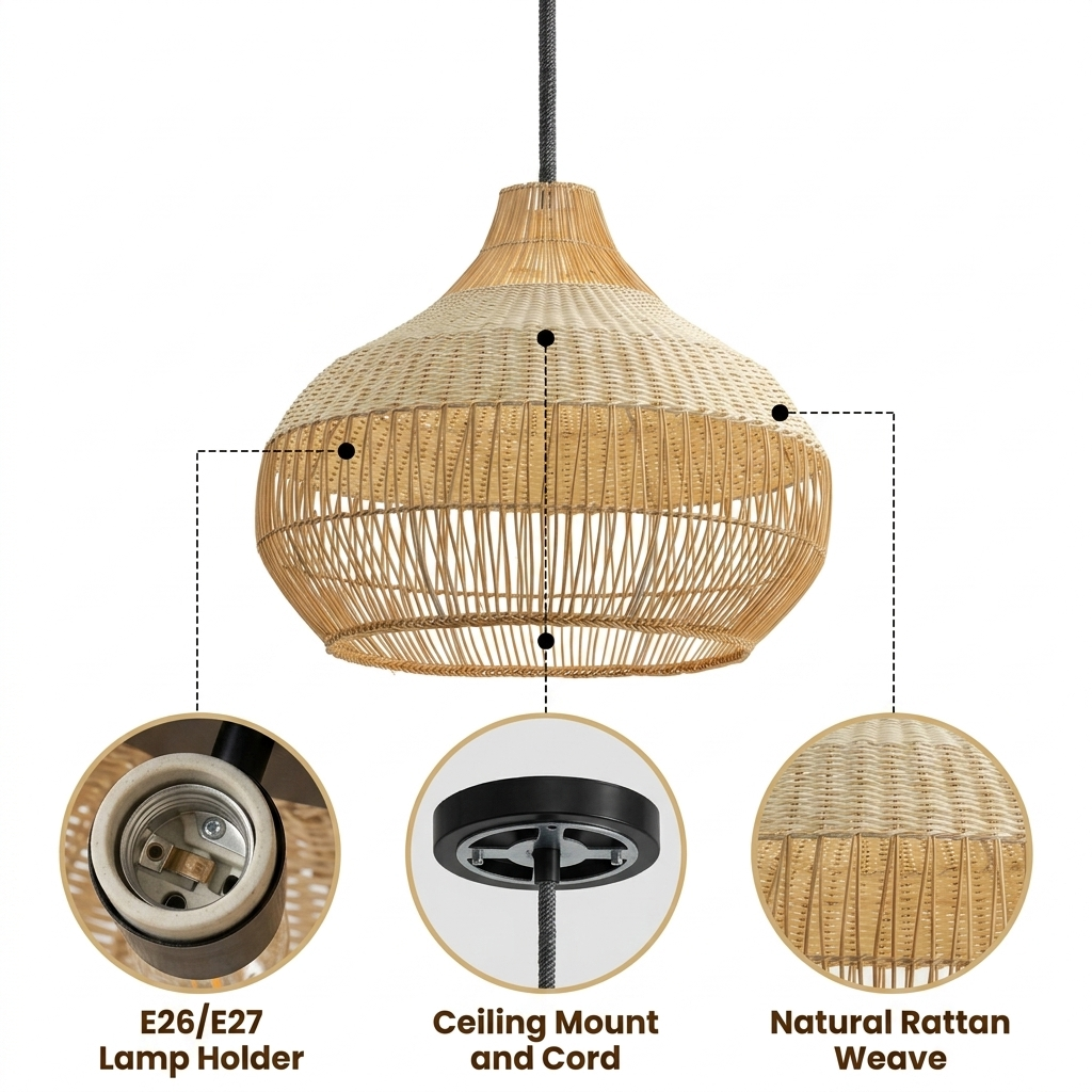 Beatrice Boho White Dome Basket Rattan Pendant Light with graduated dense-to-open basketry weave, white, blue, or black matte finish, adjustable cord mount, E26 socket for glow