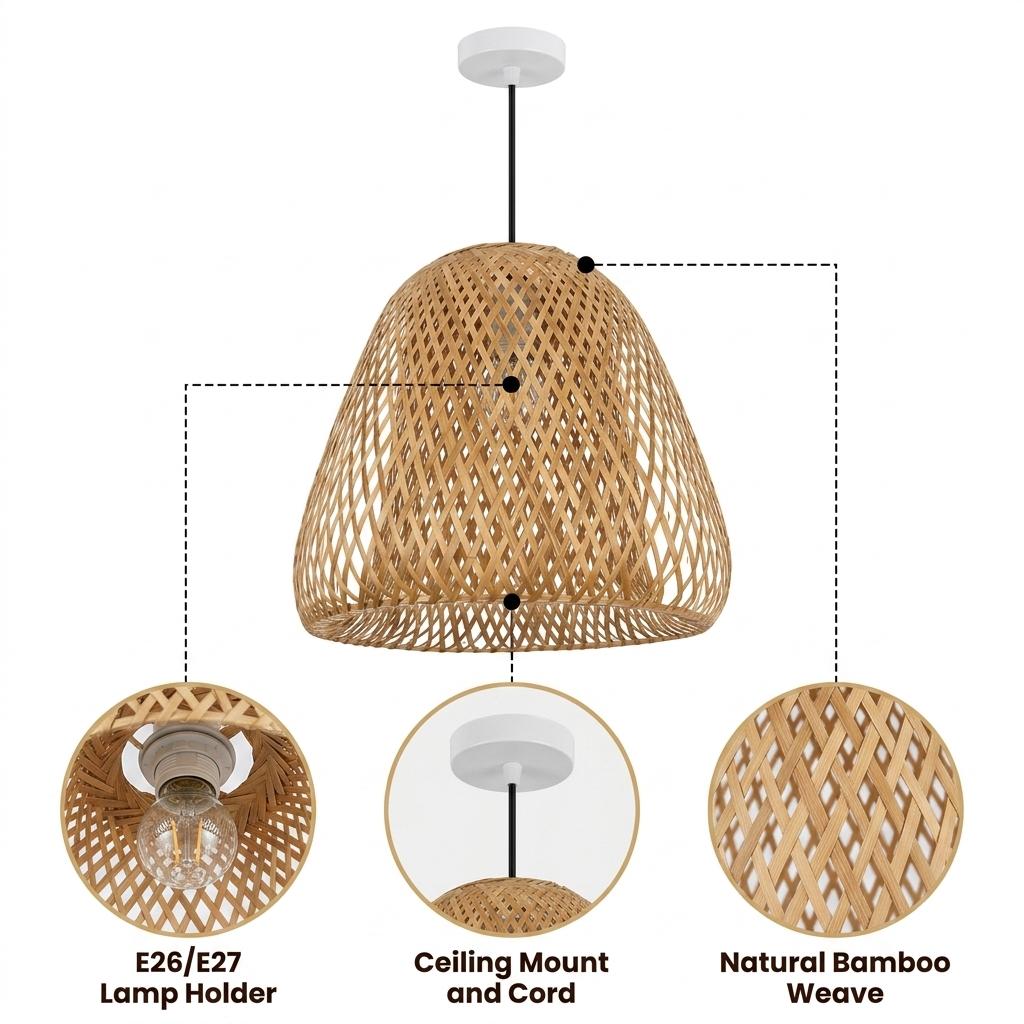 Beirut Woven Bamboo Pendant Light Shade with interlocked diagonal diamond lattice, natural matte finish, adjustable cord mount, E26 socket for warm ambient glow