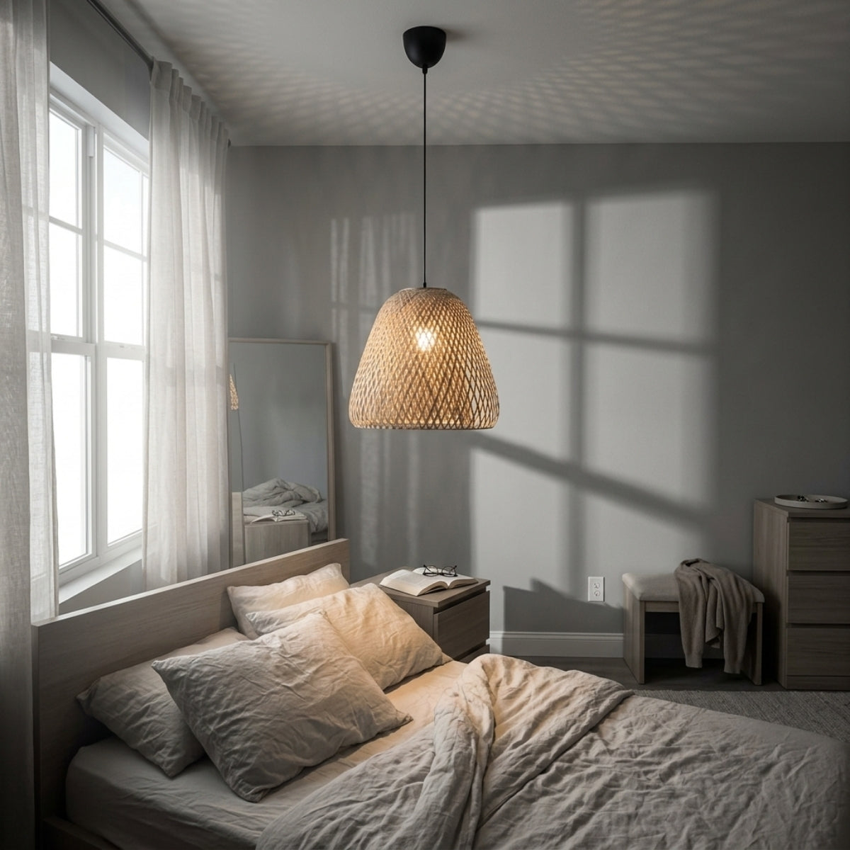 Beirut Woven Bamboo Pendant Light Shade in bedroom, 15.7-inch shade above the nightstand freeing surface space while the lattice weave softens the reading glow