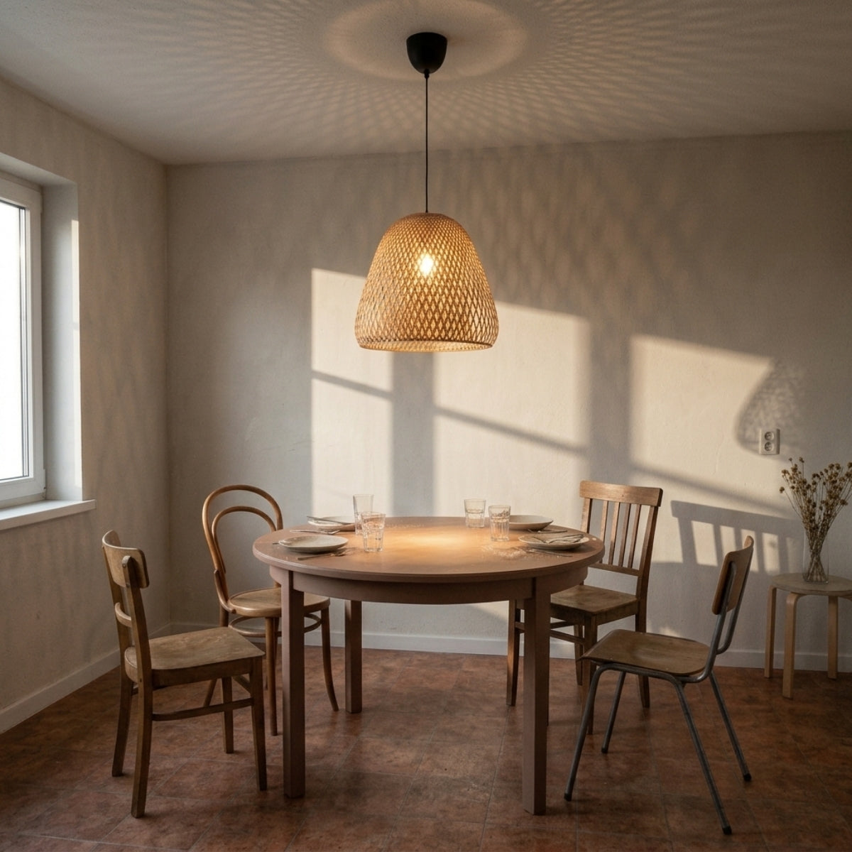 Beirut Woven Bamboo Pendant Light Shade above dining table, 19.7-inch bell shade pooling light straight down across a six-foot table without crowding sightlines