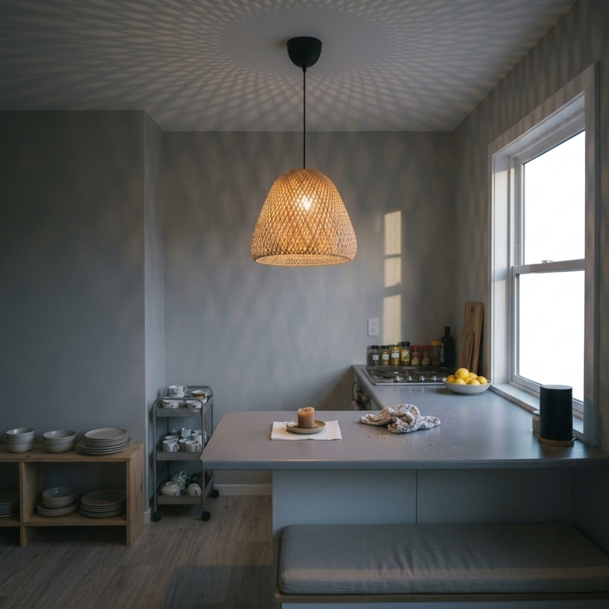 Beirut Woven Bamboo Pendant Light Shade over kitchen island, two shades spaced 24-28 inches apart centered above the counter for even task light