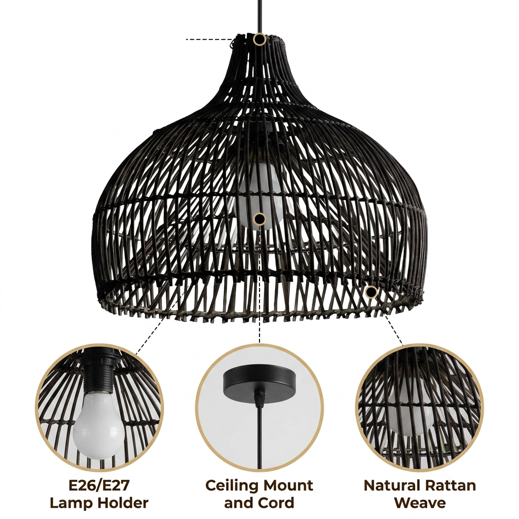 Belle Black Dome Rattan Pendant Light with tight basketweave rounded dome, black matte or natural matte finish, hardwired or plug-in mount, E26 socket for ambient light