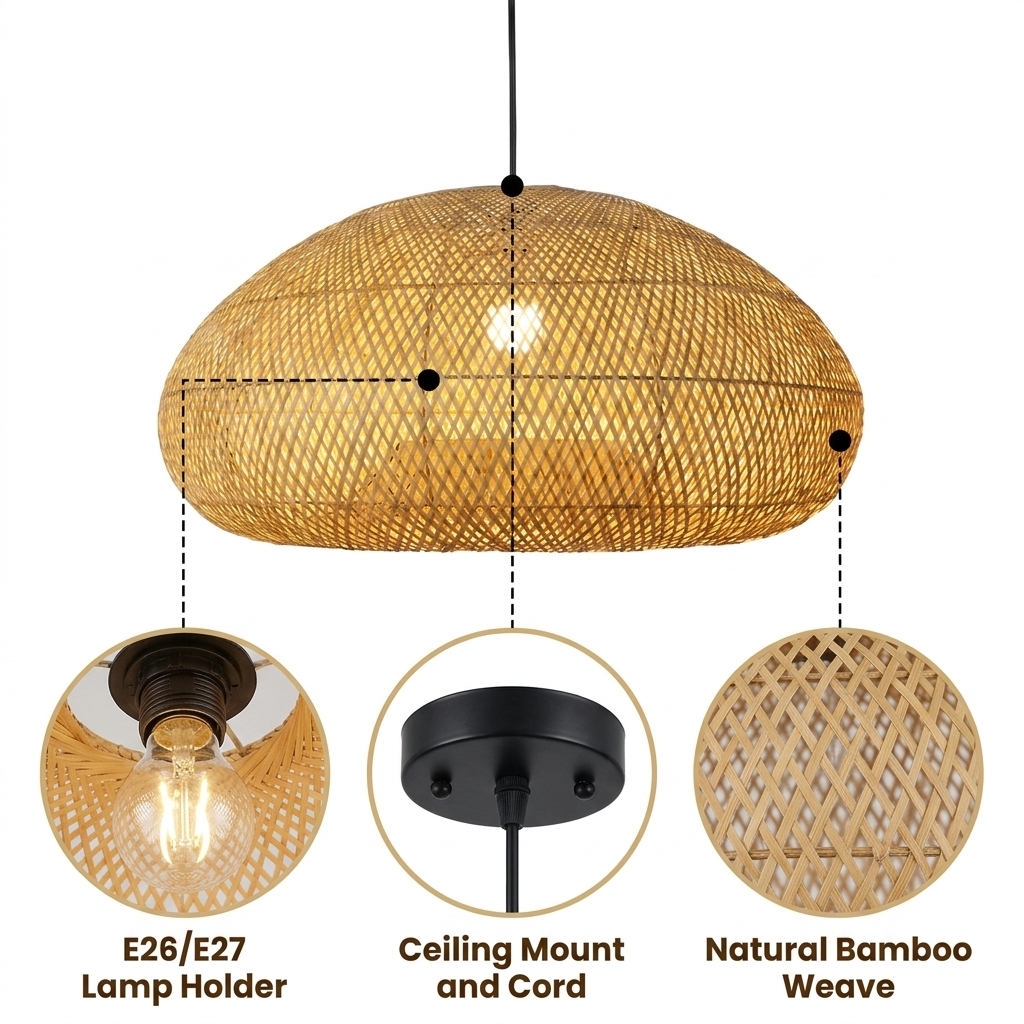 Bemith Beige Oval Bamboo Pendant Light with open lattice oval basket weave, beige matte finish, adjustable hardwired or plug-in mount, one E26 socket for warm ambient glow