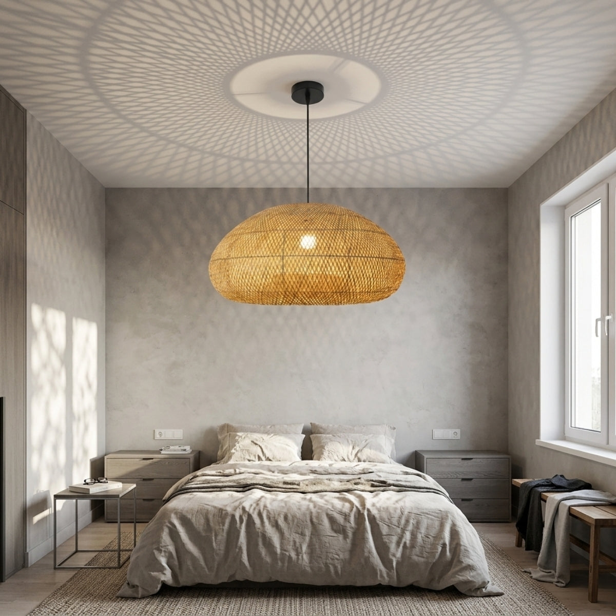 Bemith Beige Oval Bamboo Pendant Light in bedroom, compact oval shade hung beside the nightstand replacing a table lamp with soft ambient bamboo-filtered light
