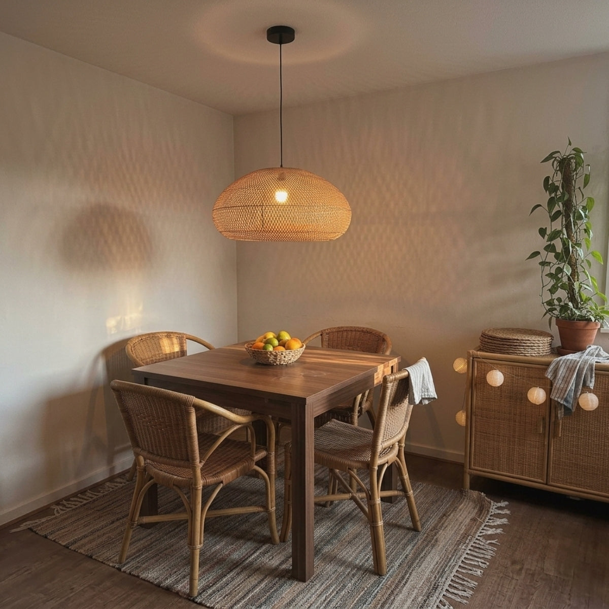 Bemith Beige Oval Bamboo Pendant Light above dining table, oval woven shade centered over a six-foot table casting warm glow without blocking sightlines