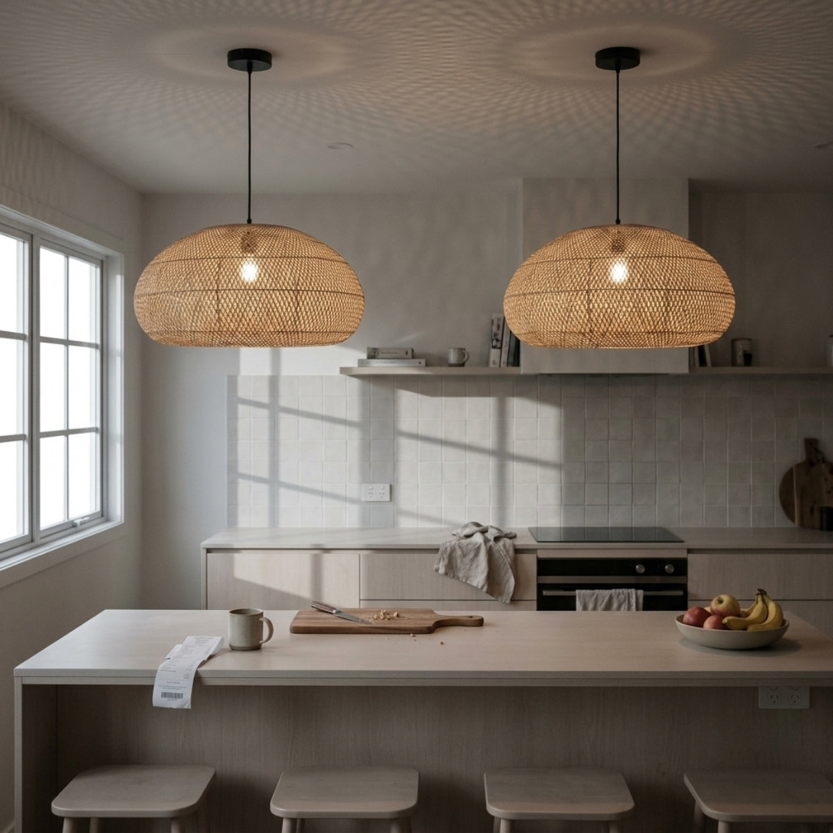 Bemith Beige Oval Bamboo Pendant Light over kitchen island, clustered oval bamboo shades spaced for even coverage with headroom above the countertop