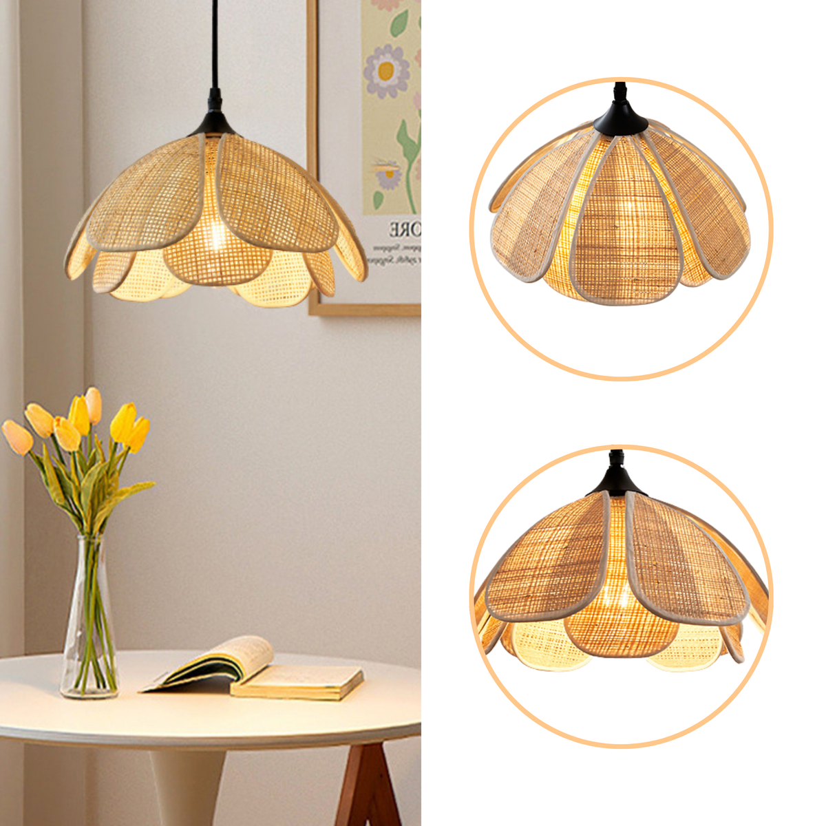 Bloom Wabi Sabi Rattan Pendant Light with overlapping woven rattan petals, natural matte finish, adjustable hardwired or plug-in mount, one E26 socket for diffused ambient light