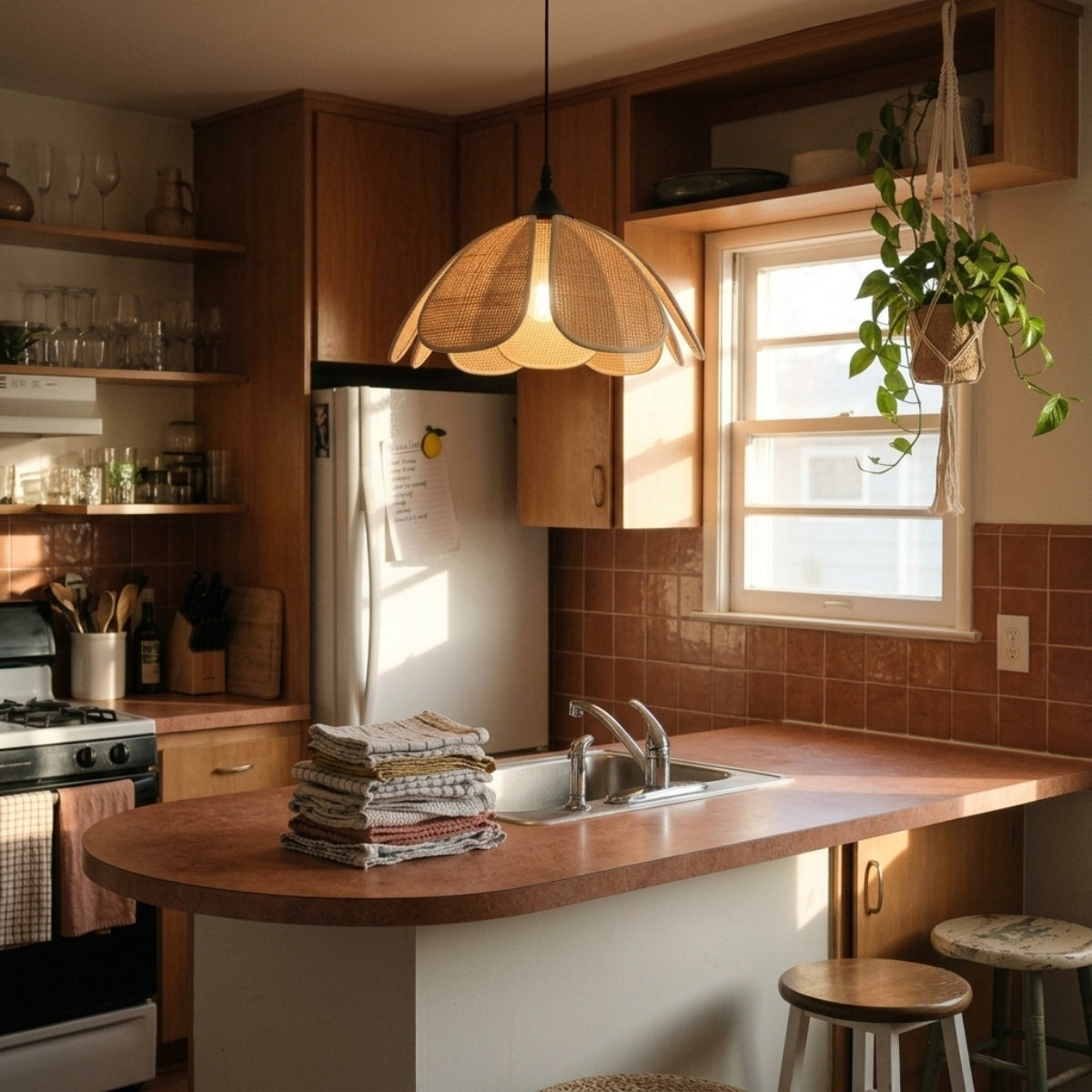 Bloom Wabi Sabi Rattan Pendant Light over kitchen island, clustered petal-shaped pendants spaced evenly for light coverage while keeping the look open and airy