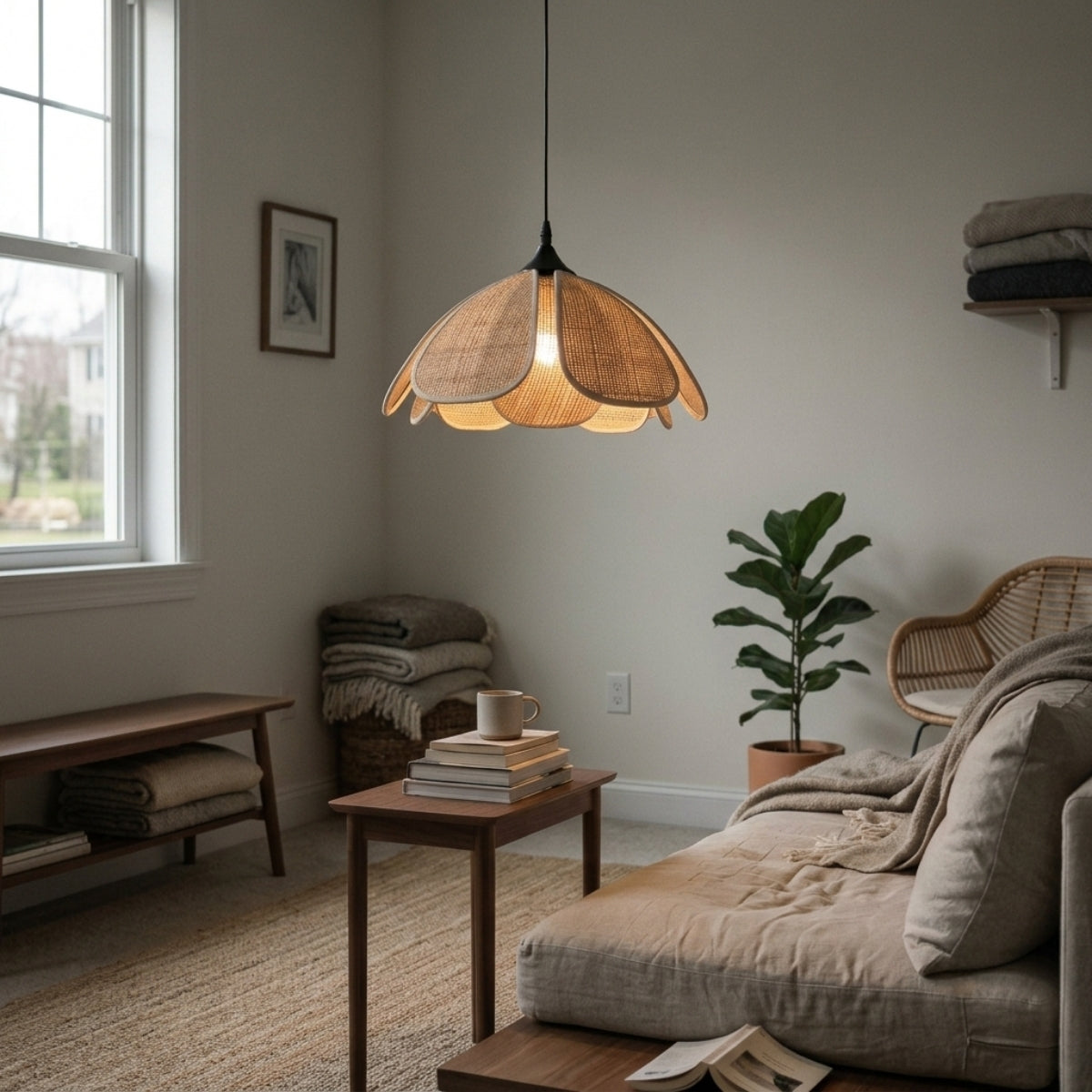 Bloom Wabi Sabi Rattan Pendant Light in living room, layered petal shade centered over the coffee table softening the glow into gentle ambient light
