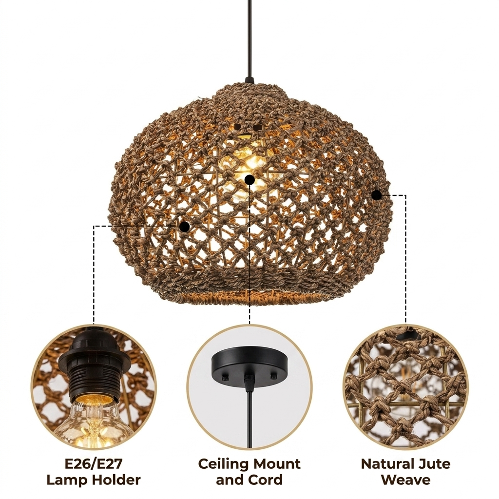 Boho Globe Small Basket Pendant Light with open net-weave hand-plaited jute globe, natural matte finish, adjustable cord mount, one E26 socket for warm ambient glow