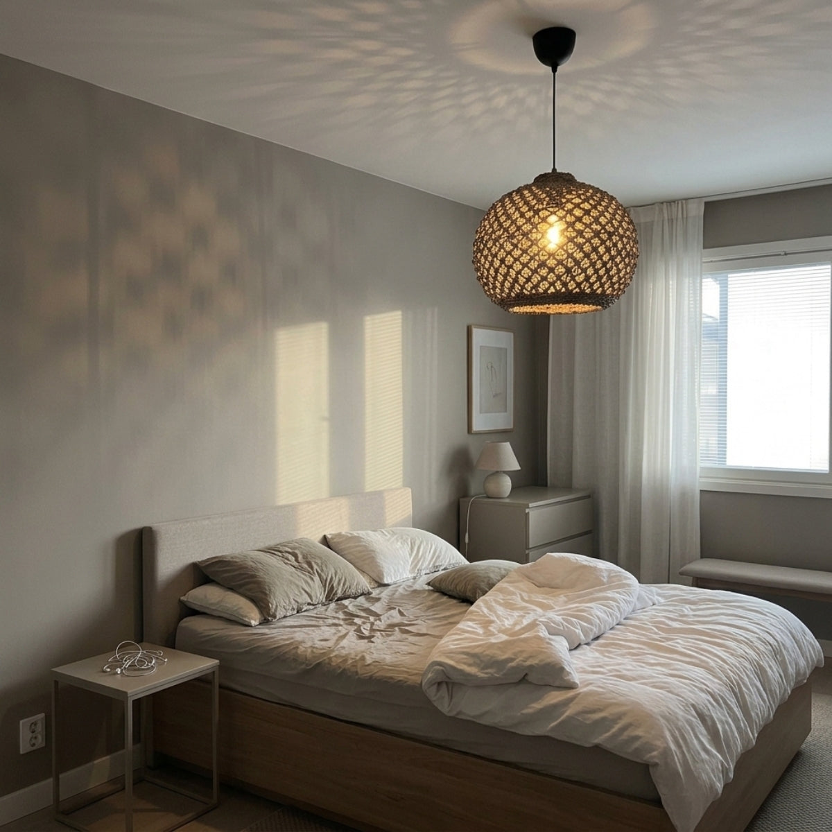 Boho Globe Small Basket Pendant Light in bedroom, small jute globe beside the nightstand casting a soft dotted shadow pattern across the ceiling at night