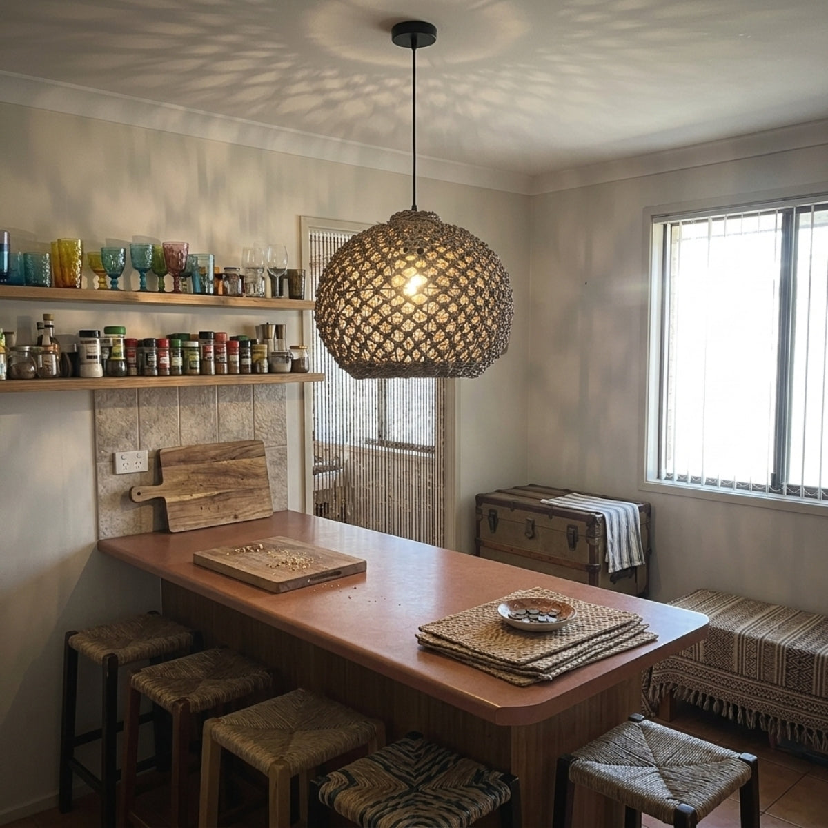 Boho Globe Small Basket Pendant Light over kitchen island, clustered jute globes spaced evenly keeping sightlines open while lifting light for prep work