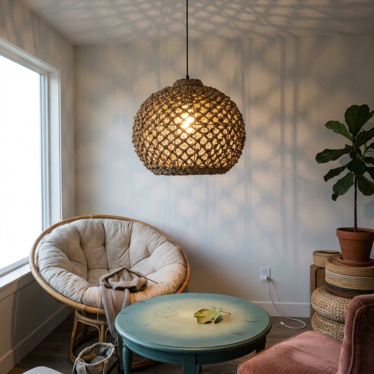 Boho Globe Small Basket Pendant Light in living room, larger globe centered over the coffee table with open jute weave keeping the glow soft near the sofa