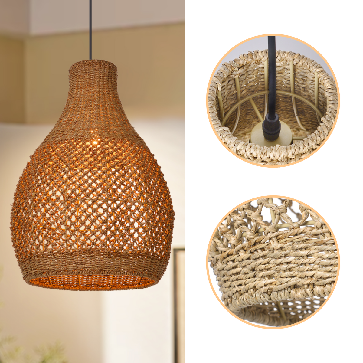 Boho Teardrop Wicker Pendant Light with open-weave jute teardrop taper, light brown gray matte finish, adjustable cord mount, one E26 socket for warm ambient glow