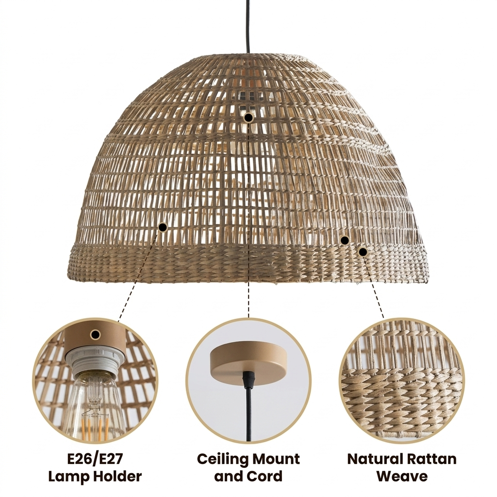 Bonin Large Dome Woven Rattan Pendant Light with dense basket weave and horizontal banding, natural matte finish, adjustable cord mount, one E26 socket for warm glow