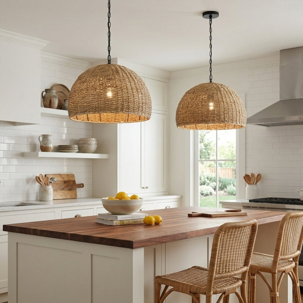 Bowl Wabi Sabi Grey Wicker Pendant Light over kitchen island, smaller dome shades clustered in a row keeping light even across the work surface