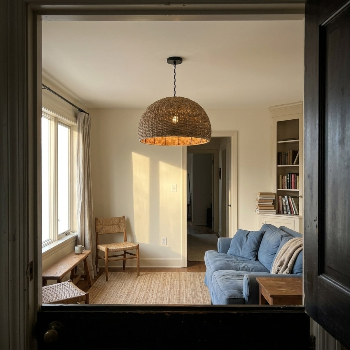 Bowl Wabi Sabi Grey Wicker Pendant Light in living room, larger dome reading as a centerpiece over the coffee table with open weave throwing ambient light on walls