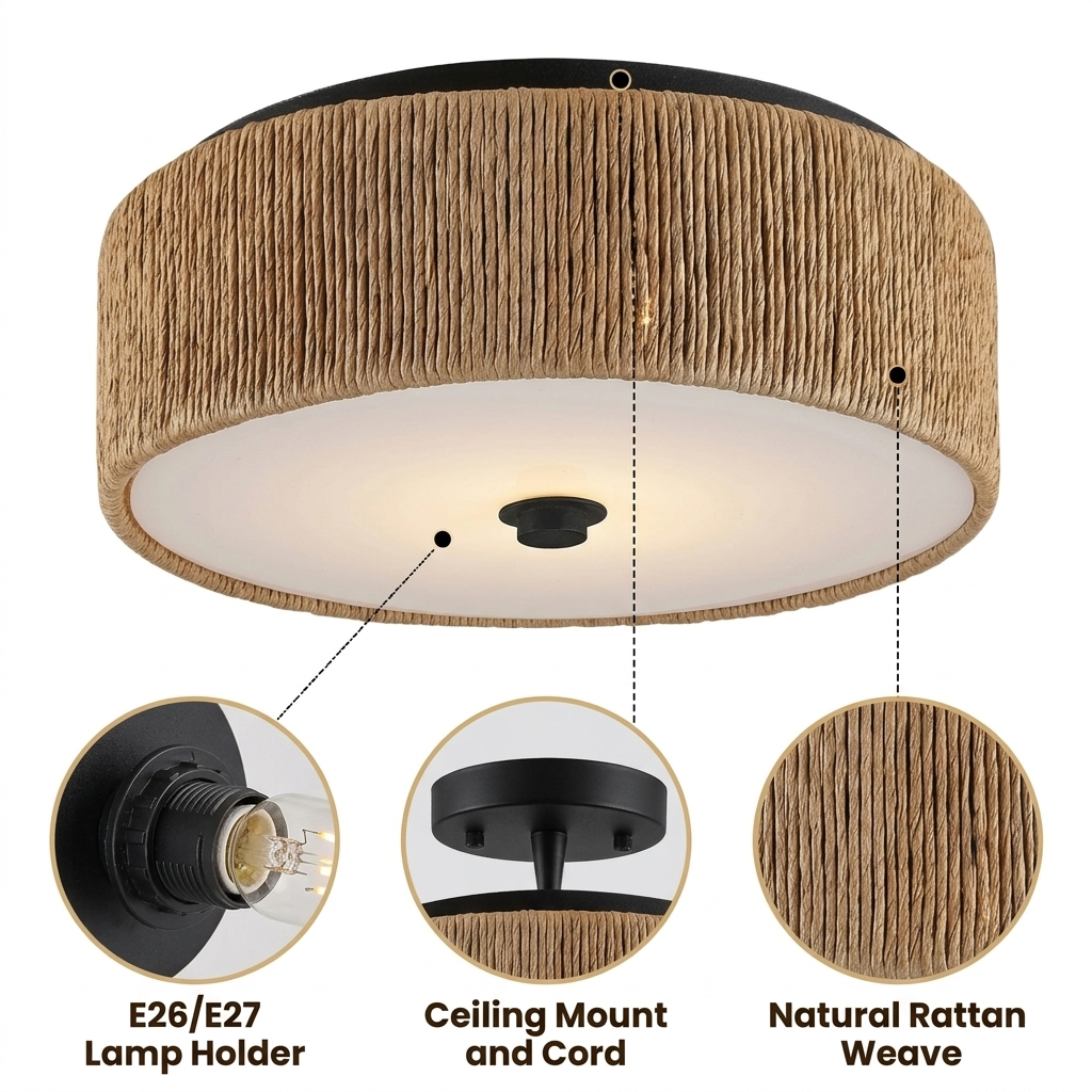 Brownell Rattan Drum Light Flush Mount with dense geometric paper rope coil weave, brown matte finish, flush ceiling mount, one E26 socket for balanced ambient glow