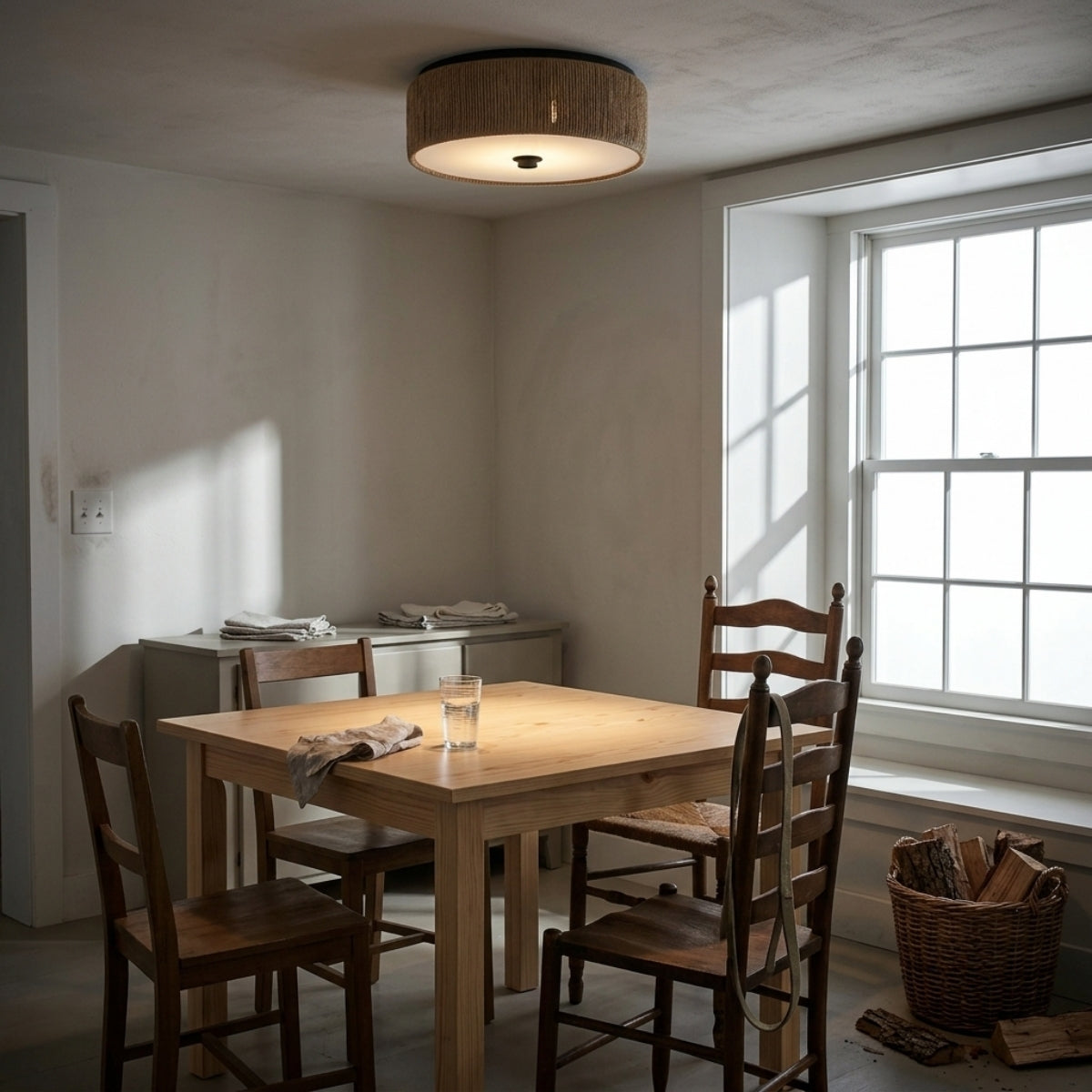 Brownell Rattan Drum Light above dining table, drum shade centered over the tabletop covering a standard table without glare from the coiled weave