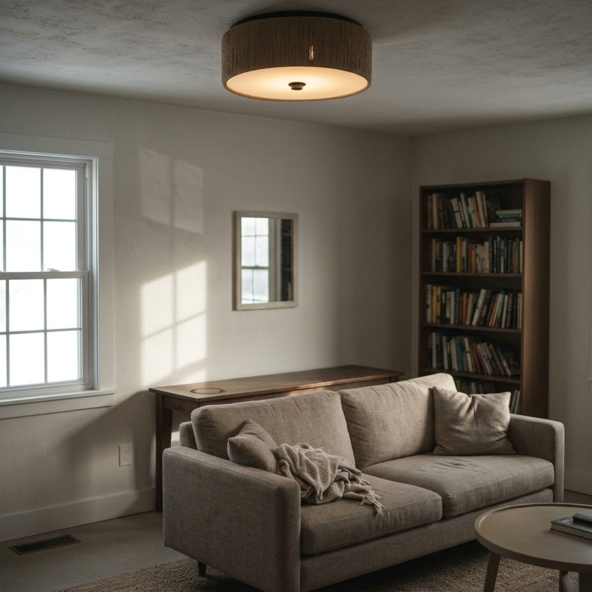 Brownell Rattan Drum Light in living room, wide drum centered above the coffee table spreading warm light over the seating area without competing with a floor lamp