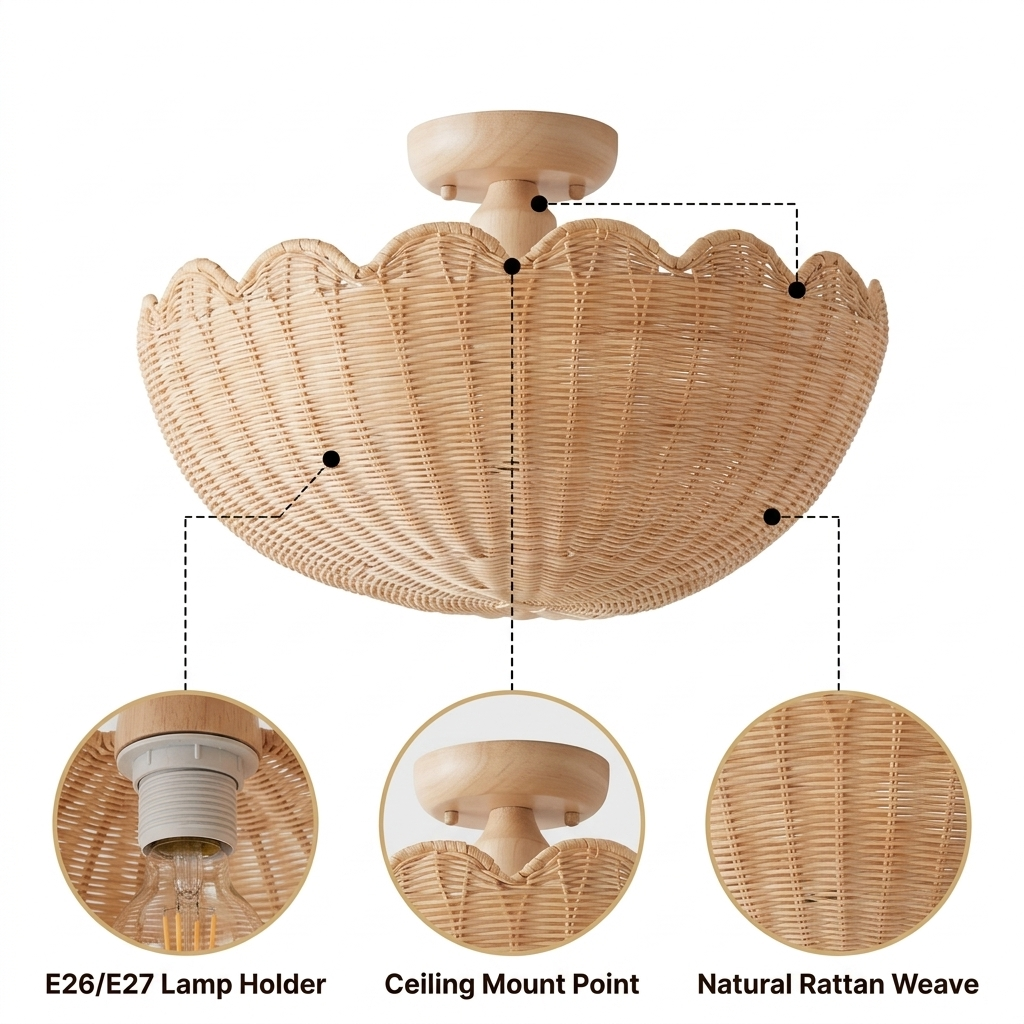 Bubble Rattan Flower Ceiling Light Scallop Shape with radiating shell-ridge rattan weave, beige matte finish, flush ceiling mount, one E26 socket for warm ambient glow