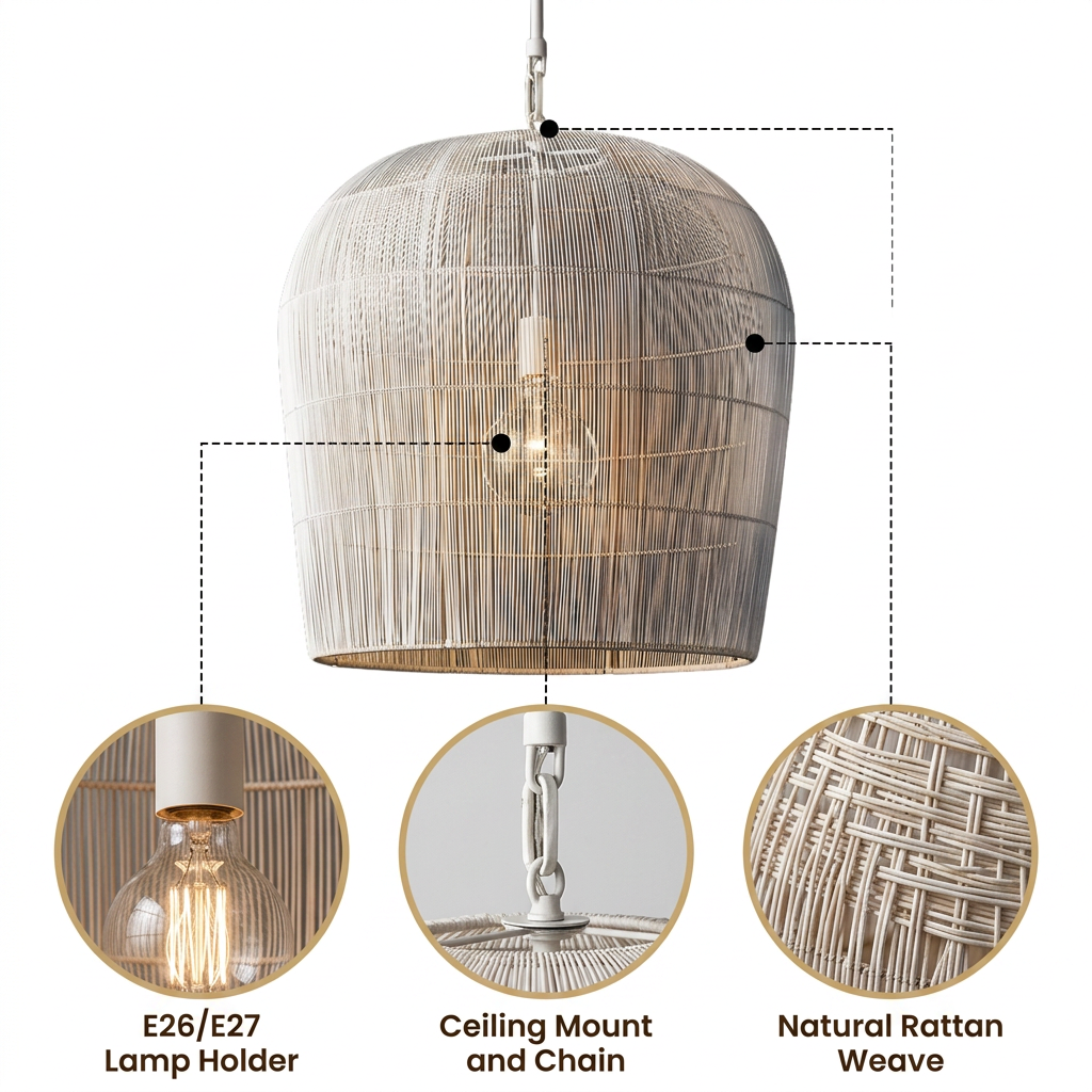 Cabrillo White Rattan Pendant Light with tight dense wicker weave bell shape, white matte finish, adjustable cord mount, one E26 socket for warm diffused glow