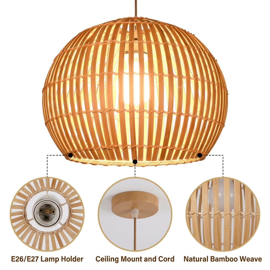Calico Small Round Bamboo Pendant Light Shade with horizontal bamboo slat open weave globe, natural matte finish, adjustable cord mount, one E26 socket for warm glow