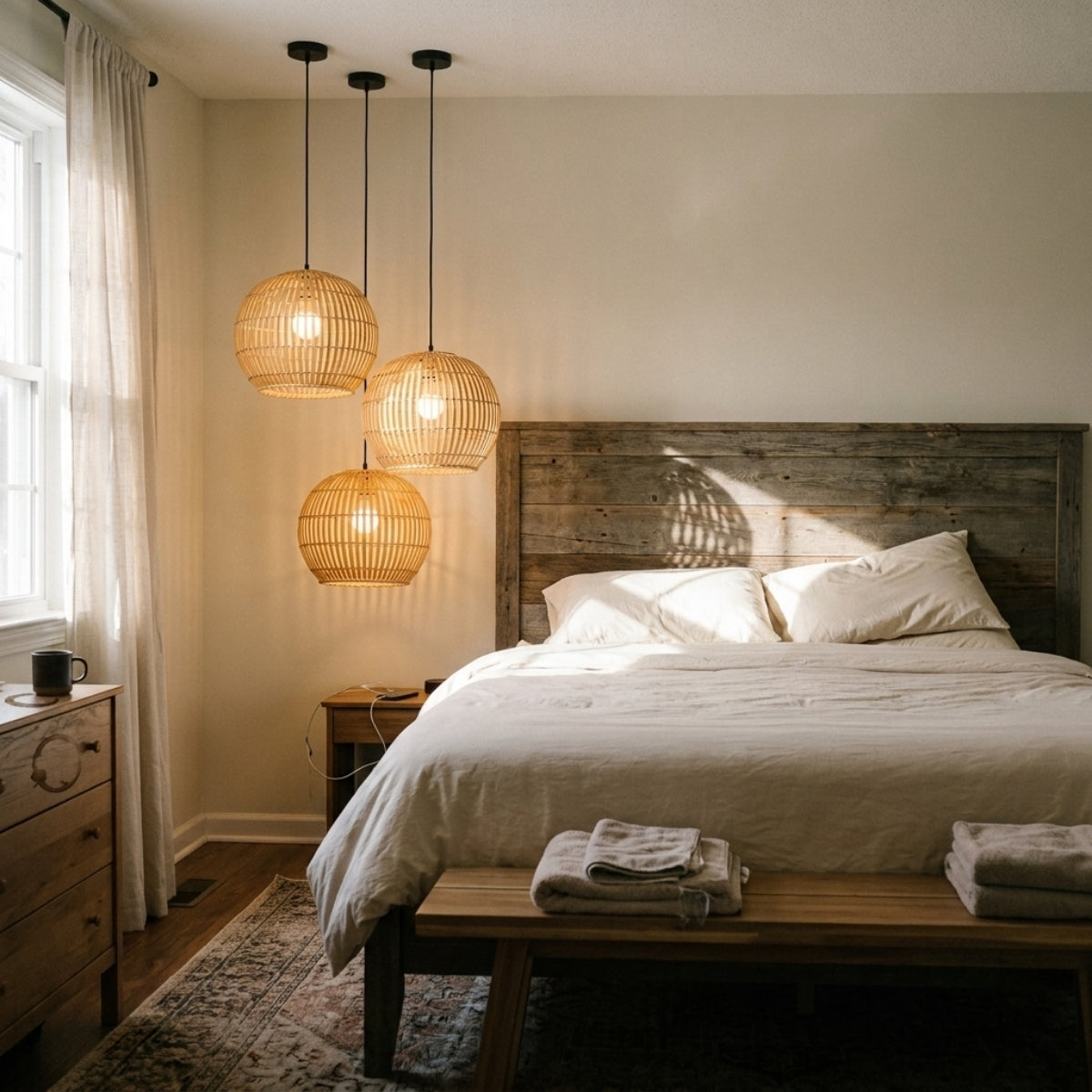 Calico Small Round Bamboo Pendant Light Shade in bedroom, small globes paired above each nightstand keeping a soft low glow suited to reading in bed