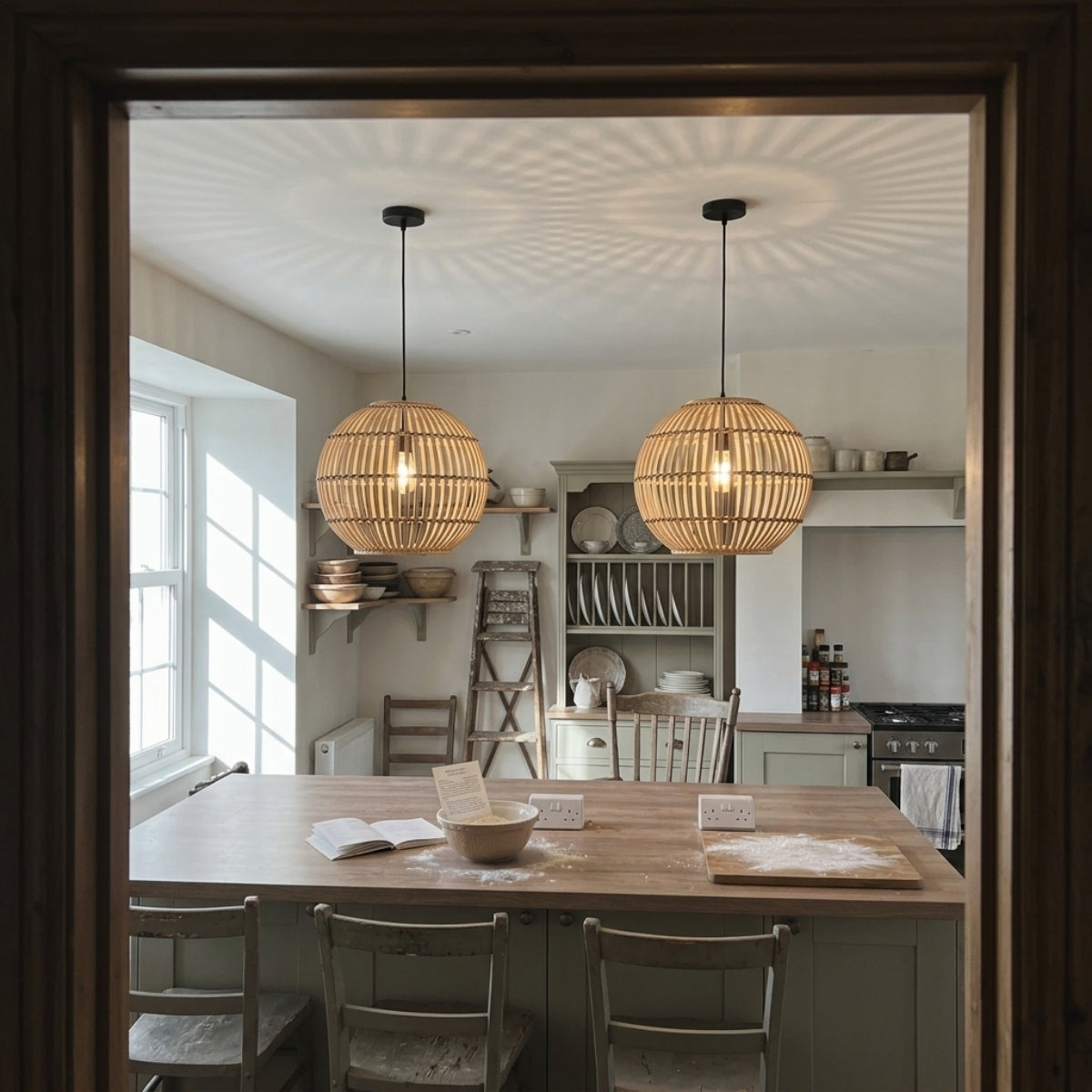 Calico Small Round Bamboo Pendant Light Shade over kitchen island, tight row of small globes breaking up glare while delivering even coverage for prep work