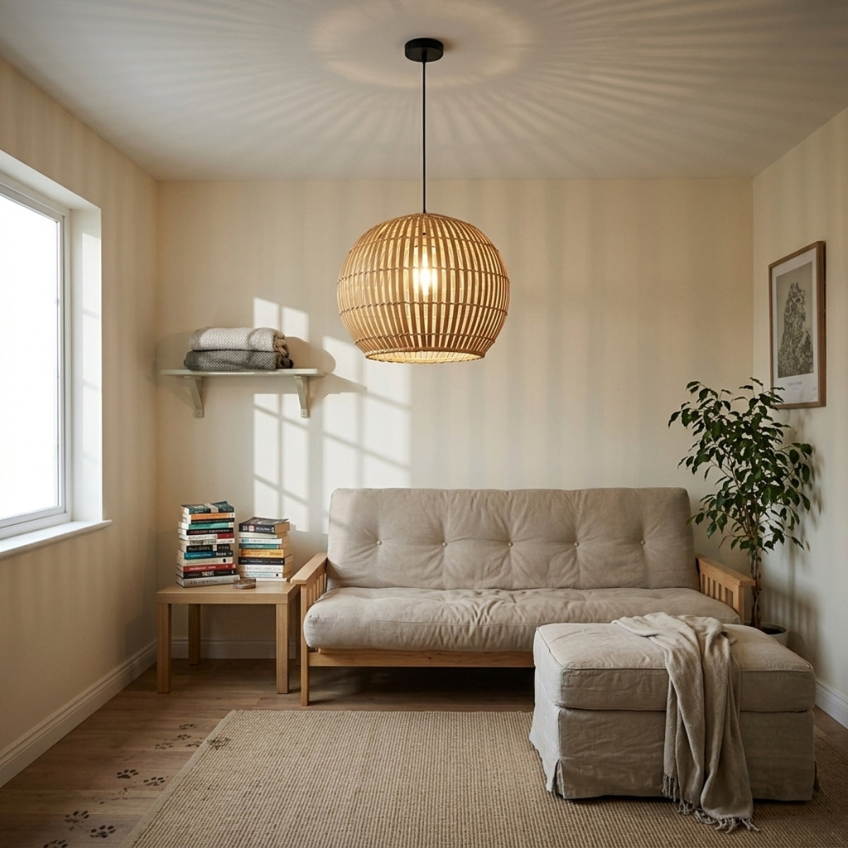 Calico Small Round Bamboo Pendant Light Shade in living room, largest globe centered over the coffee table throwing soft slat shadows across the sofa and walls