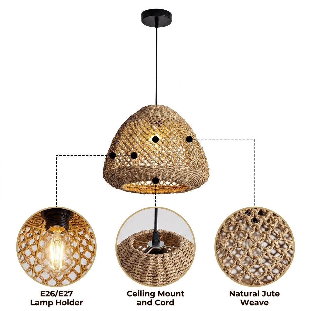Calypso Basket Weave Pendant Light with diamond-mesh jute basket weave dome, natural matte finish, adjustable cord mount, one E26 socket for warm ambient glow