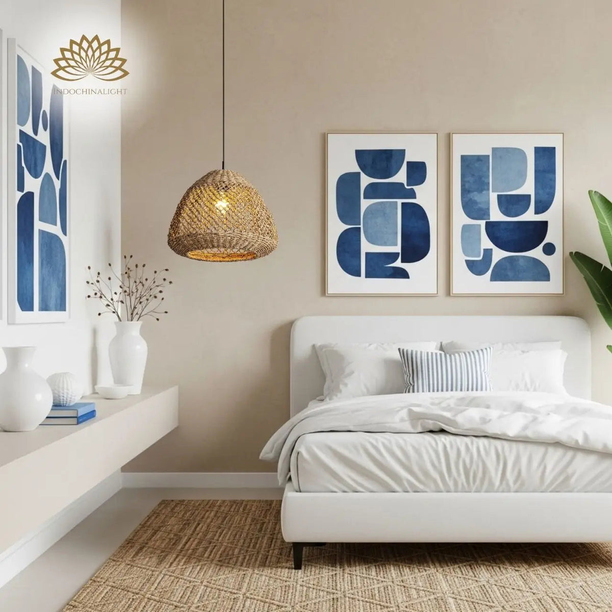 Calypso Basket Weave Pendant Light in bedroom, small dome hung above the nightstand casting a soft dappled glow instead of a hard pool of light
