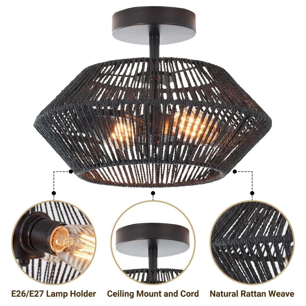 Capslpad Black Rattan Ceiling Light with tight diamond basketweave, black matte finish, flush ceiling mount, one E26 socket for warm diffused ambient glow