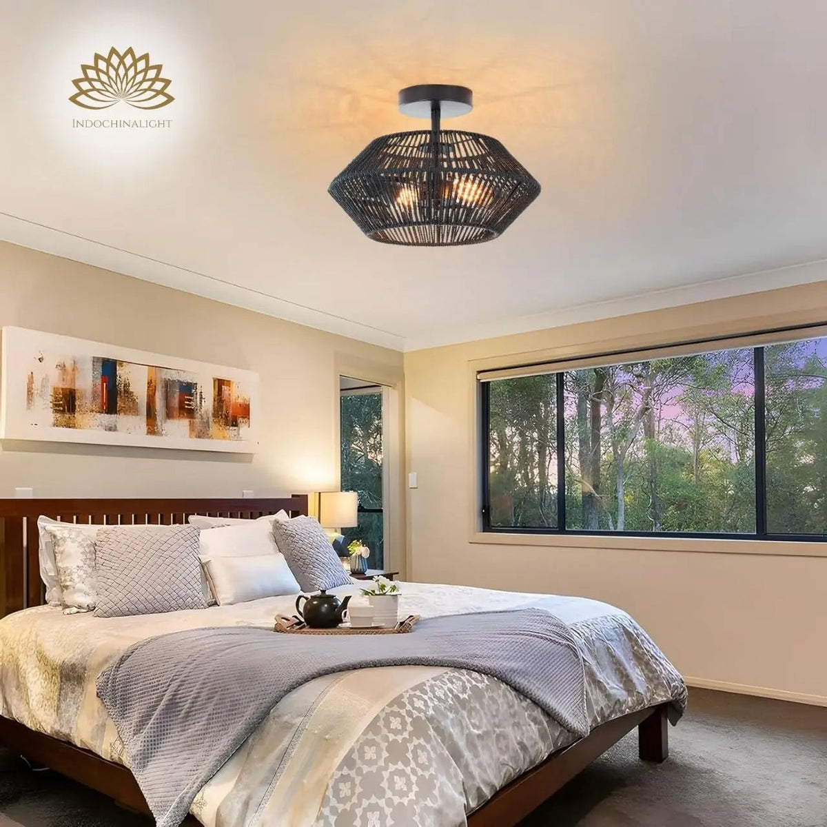 Capslpad Black Rattan Ceiling Light in bedroom, oval shade hung beside the headboard casting soft light from its diamond weave without taking up nightstand space
