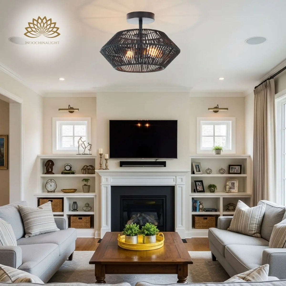 Capslpad Black Rattan Ceiling Light in living room, largest oval shade centered over the coffee table throwing diamond shadow patterns for ambient light