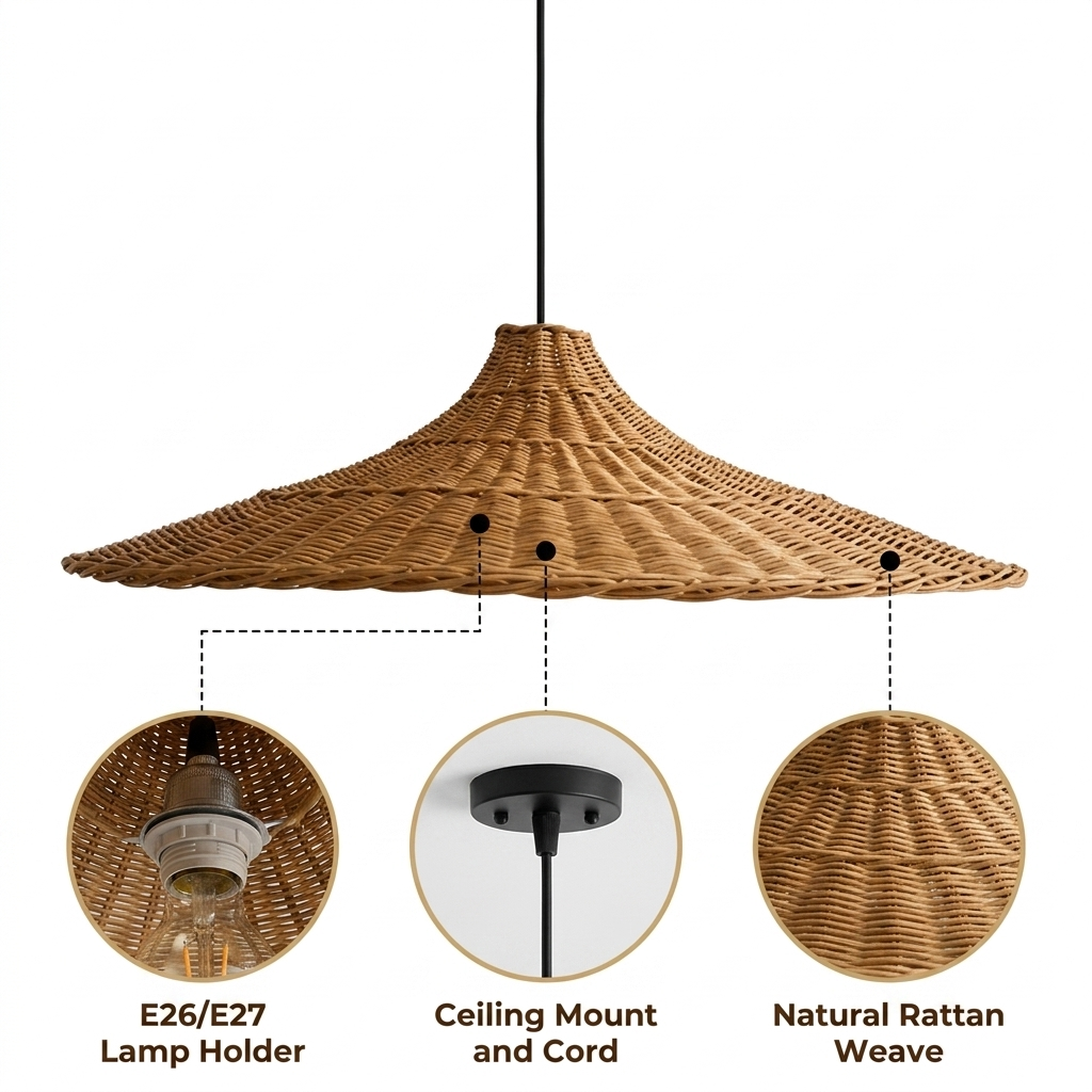 Carmel Cone Wicker Rattan Pendant Light with open radial rattan weave, natural matte finish, adjustable cord hanging, one E26 socket for warm ambient glow