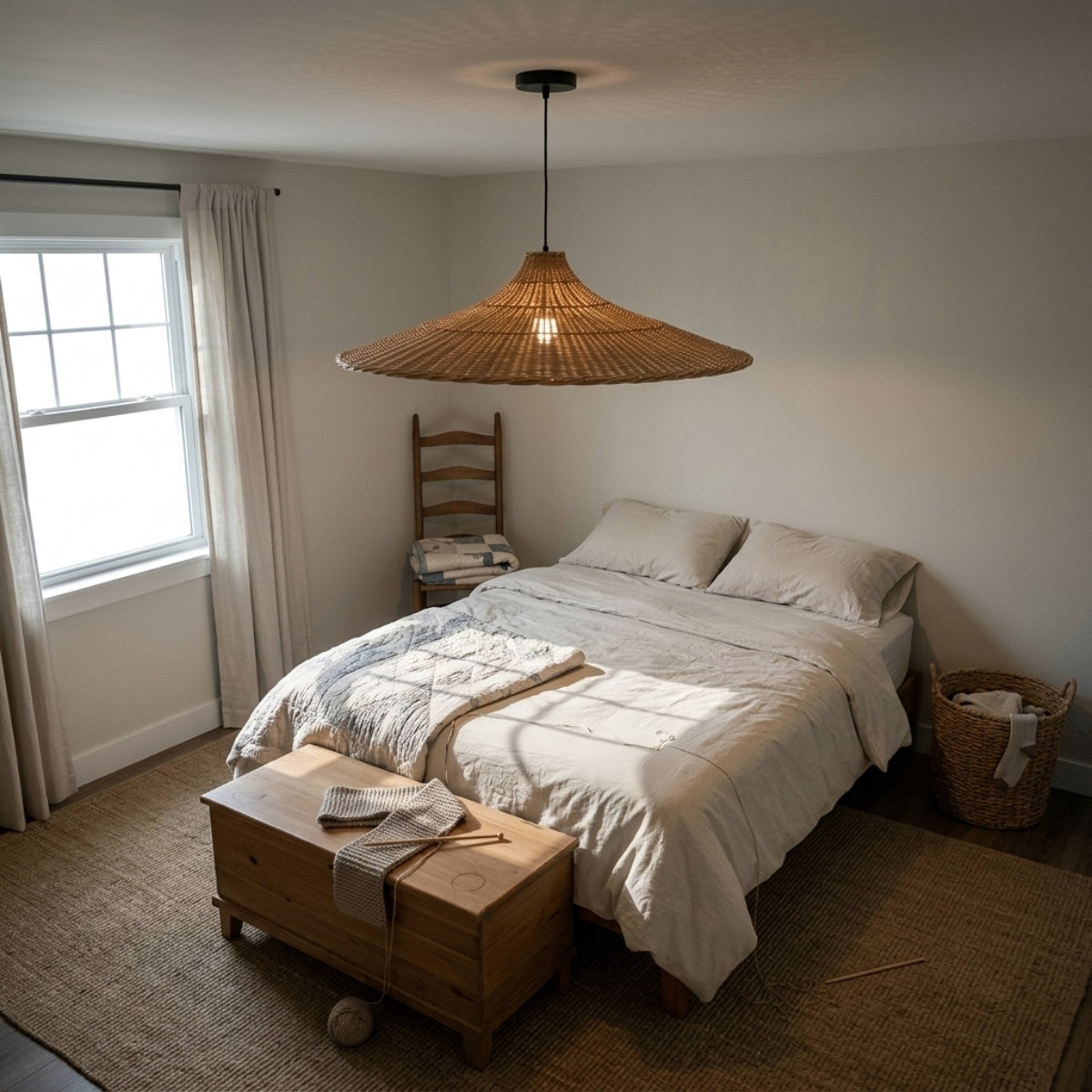Carmel Cone Wicker Rattan Pendant Light in bedroom, wide shade hanging clear of the headboard beside the bed for warm dimmable reading light