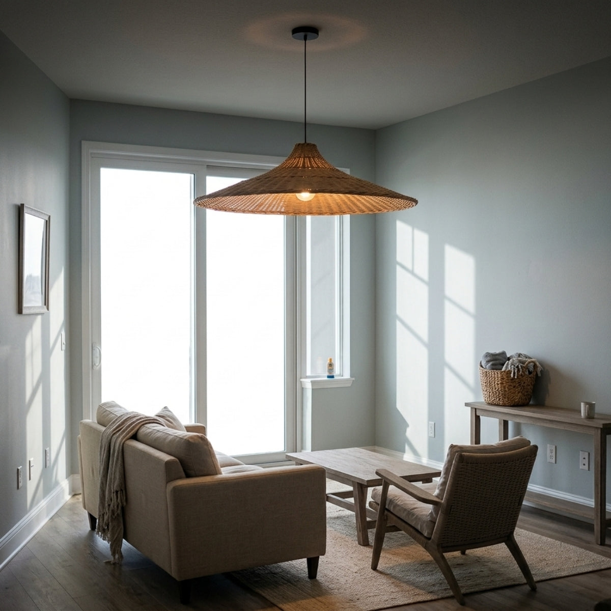 Carmel Cone Wicker Rattan Pendant Light in living room, open weave casting shadow patterns across the wall beside the sofa on an 8-9 ft ceiling