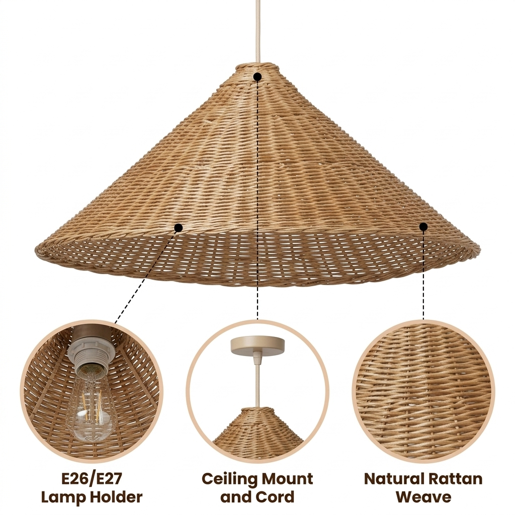 Carter Cone Woven Wicker Rattan Pendant Light with dense interlaced rattan weave, natural matte finish, adjustable cord hanging, one E26 socket for warm glow