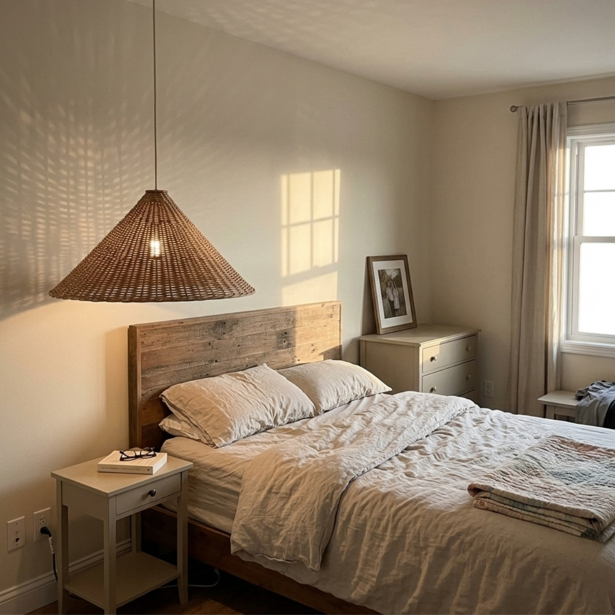 Carter Cone Woven Wicker Rattan Pendant Light in bedroom, compact cone hung above the nightstand matching lamp-height sightlines for reading in bed